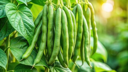 Healthy green beans hanging on a bean plant, fresh, organic, agriculture, farm, growth, produce, vegetable, harvest, natural