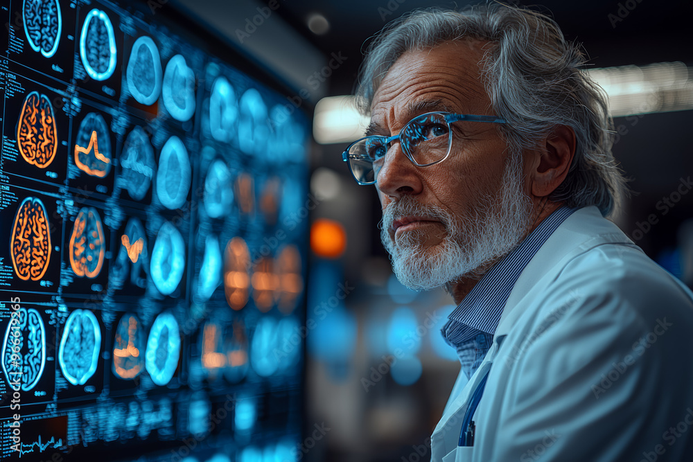 Poster a neuroscientist studying brain scans and cognitive functions, highlighting the complexities of the 