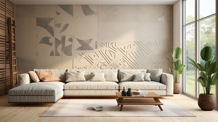 Modern Living Room with White Sectional Sofa and Geometric Wall Art
