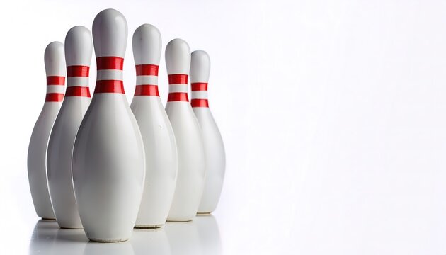 Minimalist photo of white bowling pins with two red horizontal stripes on neck of pin. set up in pyramid shape. isolated on white background with copy space