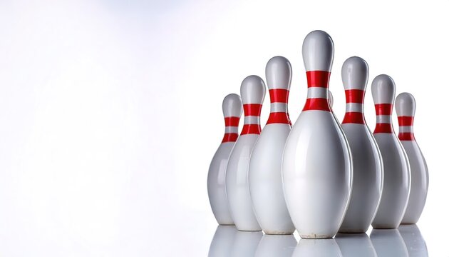 Minimalist photo of white bowling pins with two red horizontal stripes on neck of pin. set up for ten pin game. isolated on white background with copy space
