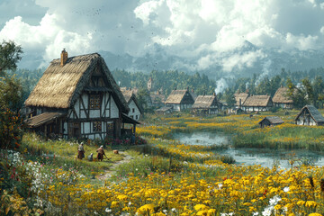 A medieval village with thatched-roof cottages and peasants working the fields, depicting daily life in the era. Concept of rural life and medieval agriculture.