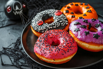 Plate of tasty donuts with decorations for Halloween on black background.