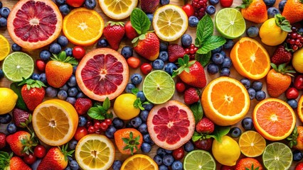 A colorful and vibrant pattern featuring various fruits such as oranges, lemons, strawberries, and grapes, fruits