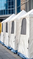 Row of white tents set against a modern building, showcasing a clean design and urban atmosphere, ideal for events or markets.