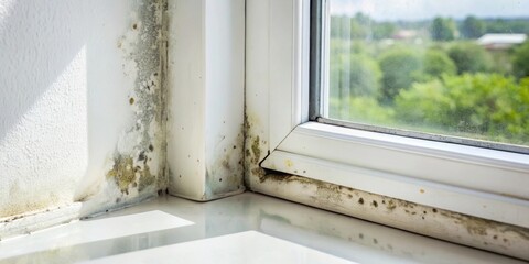 Mold growth in the corner of plastic windows, mold, fungus, corner, plastic, windows, damp, dirty, unhygienic