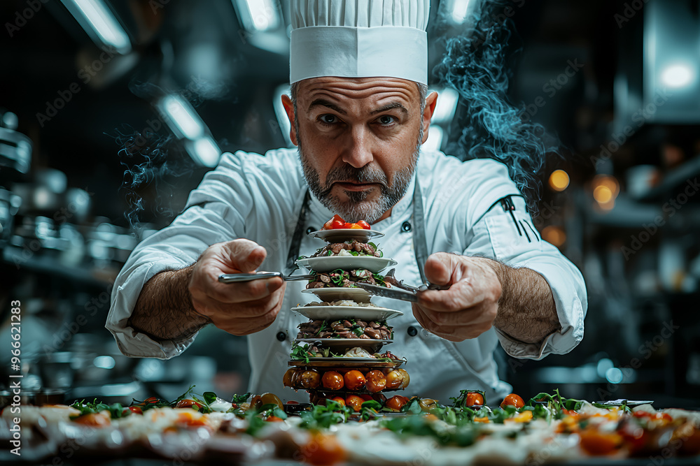 Poster a chef stacking various sized kitchen utensils in a precarious balance, solving culinary challenges 