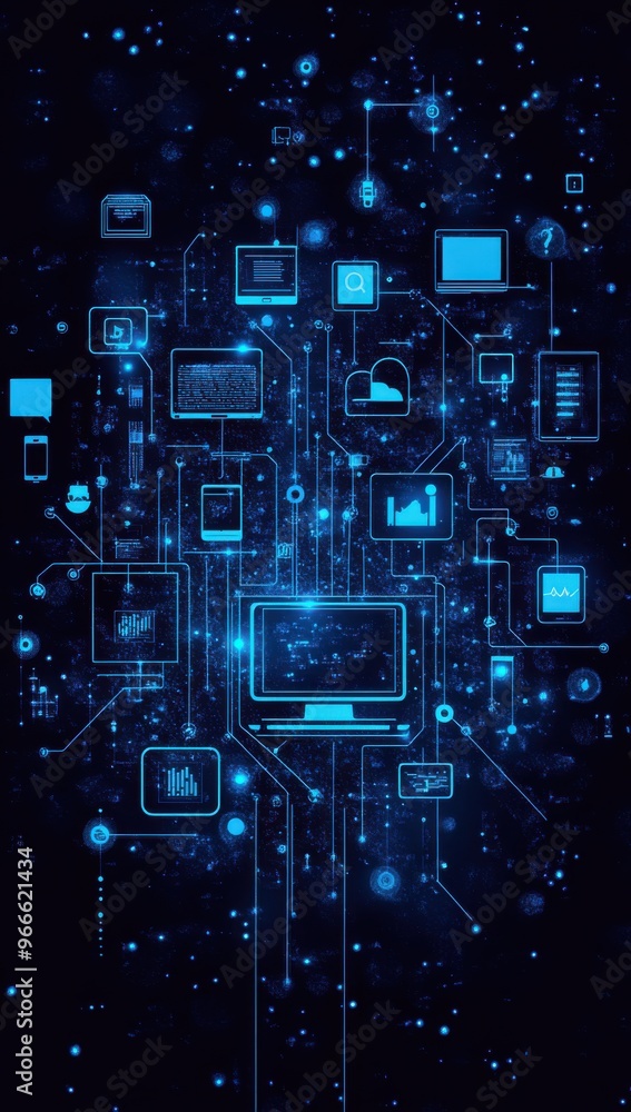 Poster digital network illustration featuring various technology icons, including devices and data elements