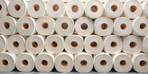 Front view of neatly stacked rows of toilet paper rolls, bathroom, hygiene, supplies, paper, tissue, essential, supplies