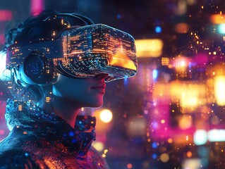 Futuristic scene of a person immersed in virtual reality with vibrant city lights in the background. Technology concept.