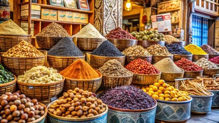Traditional Egyptian dried food products on display at the Arab street market stall , Egypt, dried, food, products