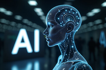Artificial intelligence is presented as an abstract illustration of a model on a blue background symbolizing future technologies with the inscription AI and transmitting data in the form of bytes and 