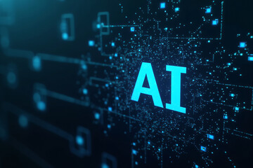Artificial intelligence is presented as an abstract illustration of a model on a blue background symbolizing future technologies and transmitting data in the form of bytes and files