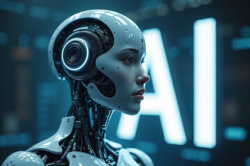 Artificial intelligence is presented as an abstract illustration of a model on a blue background symbolizing future technologies with the inscription AI and transmitting data in the form of bytes and 