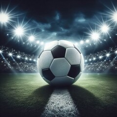 Fototapeta premium Close up of a soccer ball in the center of the empty soccer stadium illuminated by the headlights