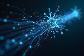 Artificial intelligence is presented as an abstract illustration of a model on a blue background symbolizing future technologies and transmitting data in the form of bytes and files