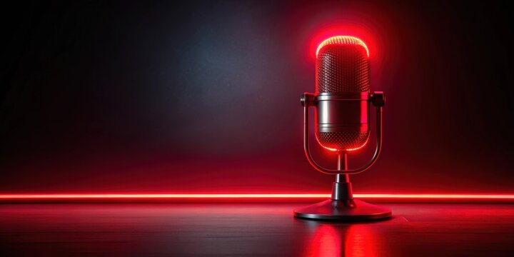 Dark podcast talk show with red neon lights from behind the camera, podcast, talk show, dark, red, neon lights