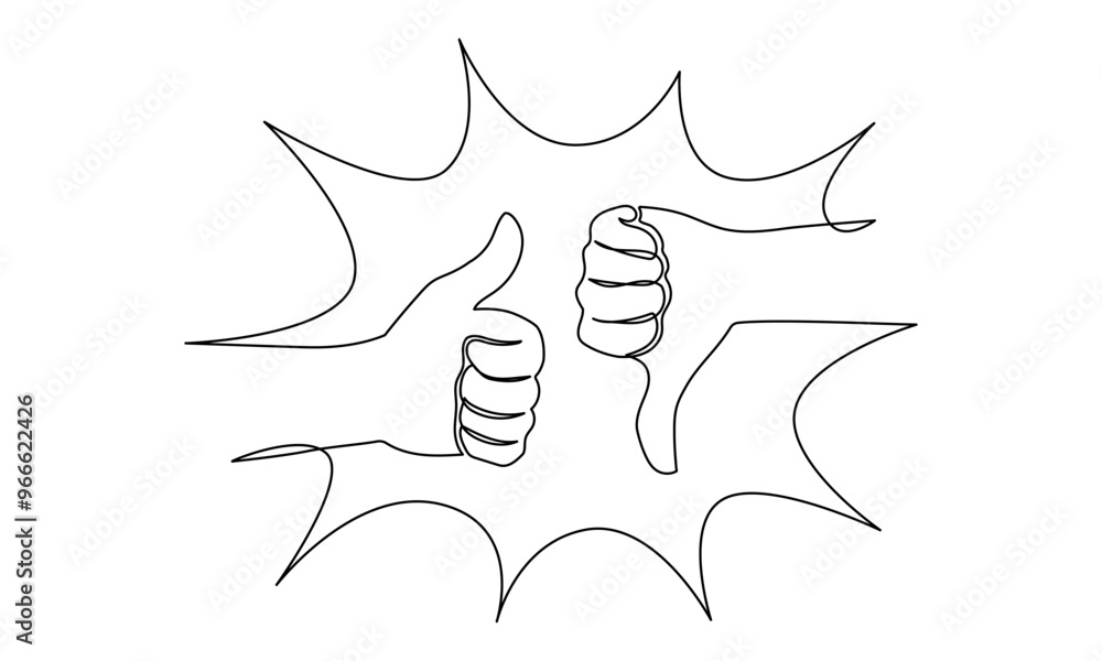 Fototapete Thumbs up and down in one continuous line drawing. Hand showing like and dislike in simple linear style. Positive and negative finger in editable stroke. Doodle outline vector illustration