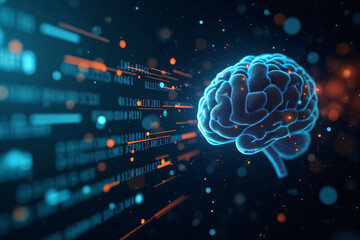 Artificial intelligence is presented as an abstract illustration of a model on a blue background symbolizing future technologies and transmitting data in the form of bytes and files