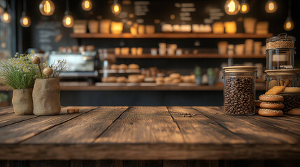 Fototapeta premium Coffee Beans Cookies and Rustic Wooden Table in Cafe