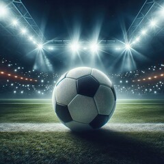 Obraz premium Close up of a soccer ball in the center of the empty soccer stadium illuminated by the headlights