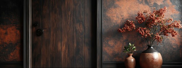 Dark Wooden Door and Rustic Wall with Vases and Flowers