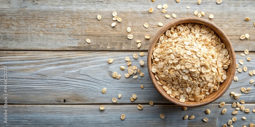 Wall mural bowl of oat flakes on table top view, oat flakes, oats, rolled oats, healthy, breakfast, organic, na