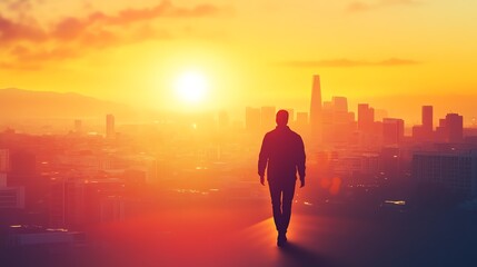 Fototapeta premium Man walking towards city skyline at sunset, with vibrant orange and yellow hues, symbolizing hope, determination, and a new beginning.