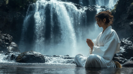 Obraz premium 滝で修業する女性