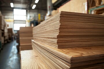 Obraz premium Stacked Plywood Sheets in a Warehouse