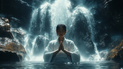 Obraz premium 滝で修業する女性