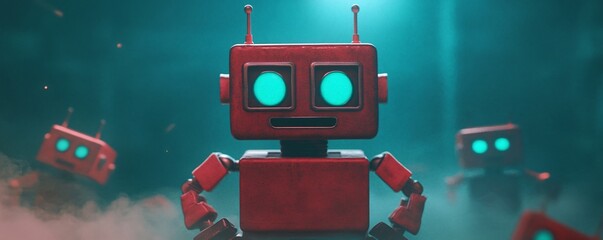 Fototapeta premium Playful red robots with glowing turquoise eyes in a whimsical sci-fi setting.