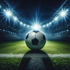 Naklejka premium Close up of a soccer ball in the center of the empty soccer stadium illuminated by the headlights