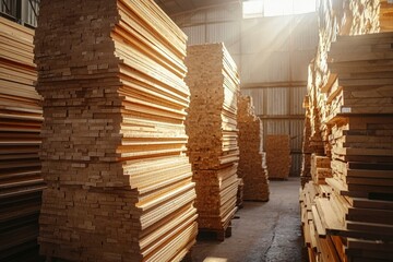 Obraz premium Stacked Wooden Boards in a Warehouse with Sunlight Streaming In
