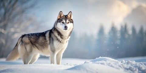 Naklejka premium Siberian Husky village dog standing in the snow , Siberian Husky, village, dog, snow, winter, white, furry, outdoors, rural, domesticated