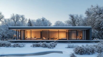 Modern house with large windows and a snow-covered landscape in the background. The house is lit up and has a warm and inviting atmosphere. There is a small pond in front of the house.