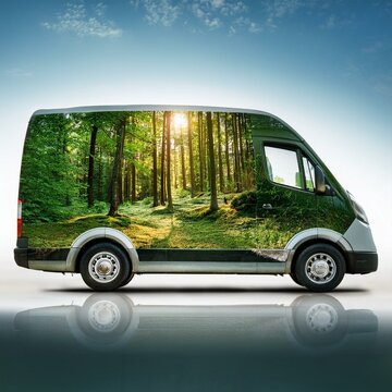 camion, van d&eacute;cor&eacute; avec des arbres, v&eacute;hicule vert en ia