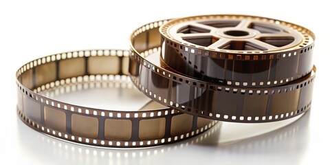 Close up of two reels of 35mm film on a white background, 35mm film, reels, analog, vintage, photography