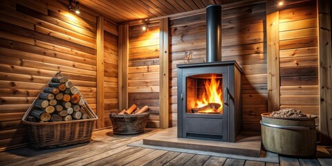 Cozy sauna stove with crackling firewood, creating a relaxing and rejuvenating atmosphere , sauna, stove, firewood