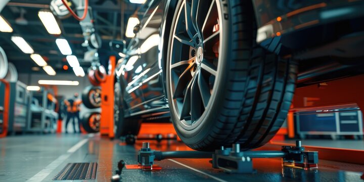 Close up of a car wheel in an indoor service maintenance and repair center surrounded by laser sensor equipment for diagnostics and 3D wheel alignment The vehicle is inside a garage workshop