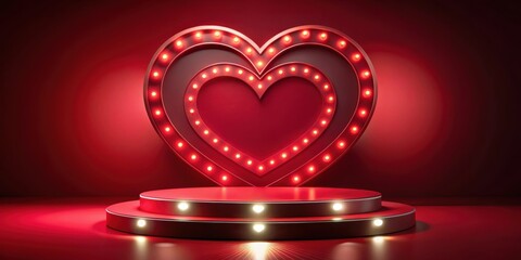 Red Elegance stage podium with heart-shaped lights, perfect for cosmetics display , vibrant, red, stage