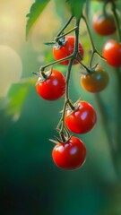 Close-up of ripe cherry tomatoes on a vine with a soft-focus background. Fresh garden produce concept