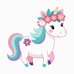 Cartoon unicorn with floral headband vector illustration on a white background, in pastel colors with a cute design for a t-shirt print. Illustration of a pink pony with a long mane and flowers