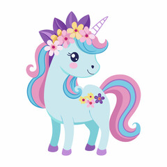 Cartoon unicorn with floral headband vector illustration on a white background, in pastel colors with a cute design for a t-shirt print. Illustration of a pink pony with a long mane and flowers