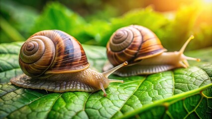 Snails crawling on a green leaf in the garden during summer , farm, snails, garden, green leaf, nature, slimy, slow