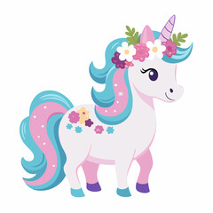 Cartoon unicorn with floral headband vector illustration on a white background, in pastel colors with a cute design for a t-shirt print. Illustration of a pink pony with a long mane and flowers