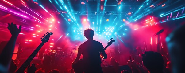 Obraz premium Silhouette of a guitarist on stage with vibrant lighting and an energetic crowd at a live concert. Colorful and dynamic music performance atmosphere.