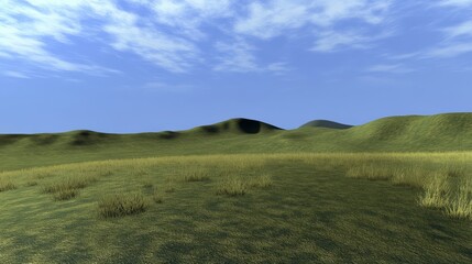 Fototapeta premium A serene grassy landscape with rolling hills under a bright blue sky dotted with soft white clouds, showcasing nature's beauty and tranquility.