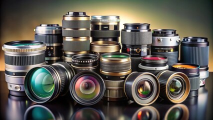 Vintage and modern camera lenses collection on background, camera, vintage, modern, lenses, collection