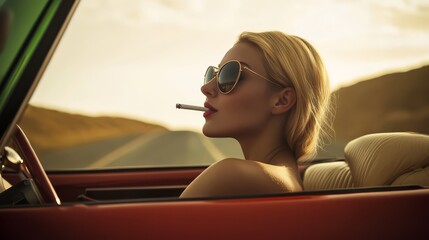 A woman in sunglasses drives a vintage convertible during sunset, exuding a mix of elegance and coolness with a retro vibe.
